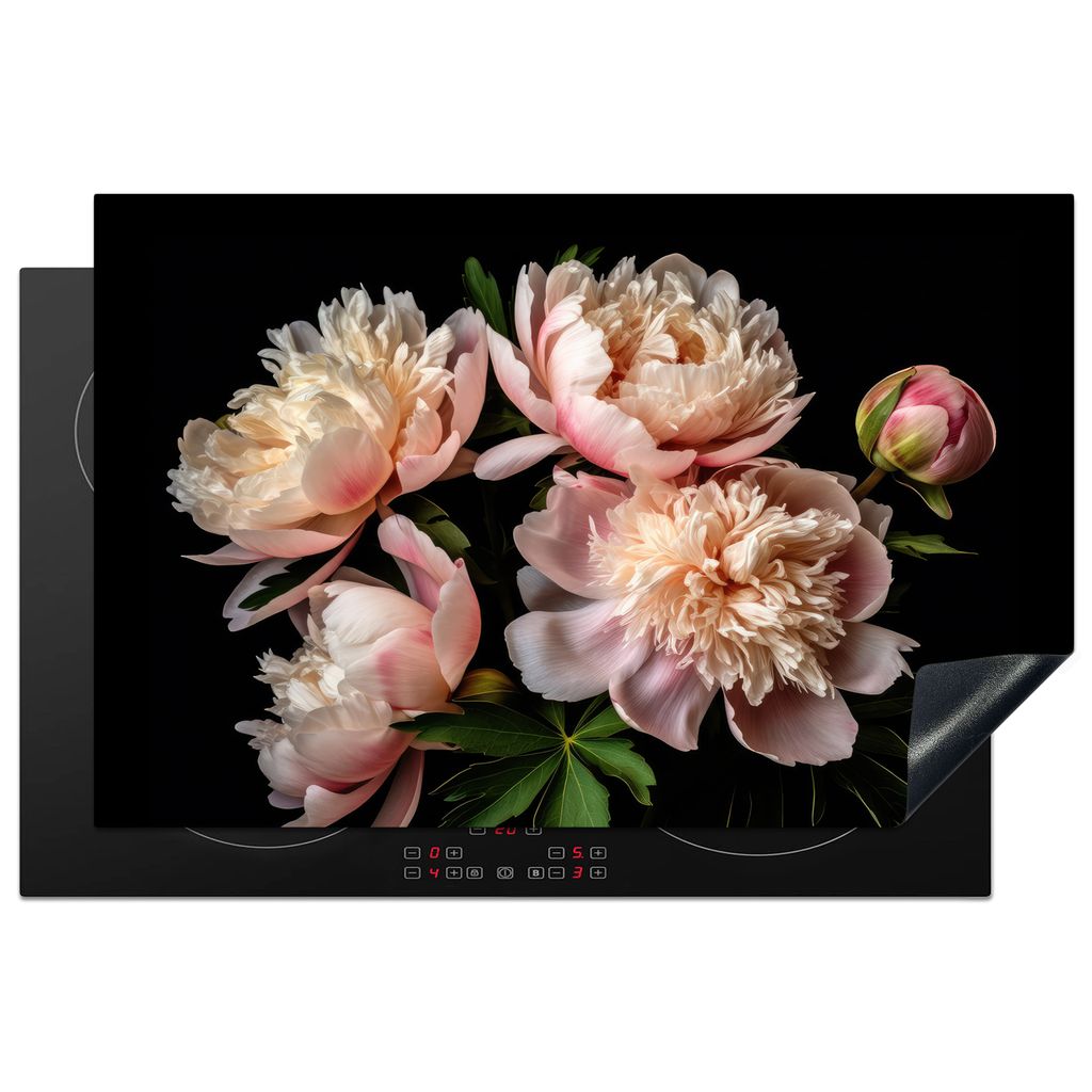 KitchenYeah Herdabdeckplatte Pfingstrosen - Blumen - Natur - Rosa - Weiß , 80x52cm, Küche Deko, Glaskeramikkochfeld Herdabdeckung, Abdeckplatte...