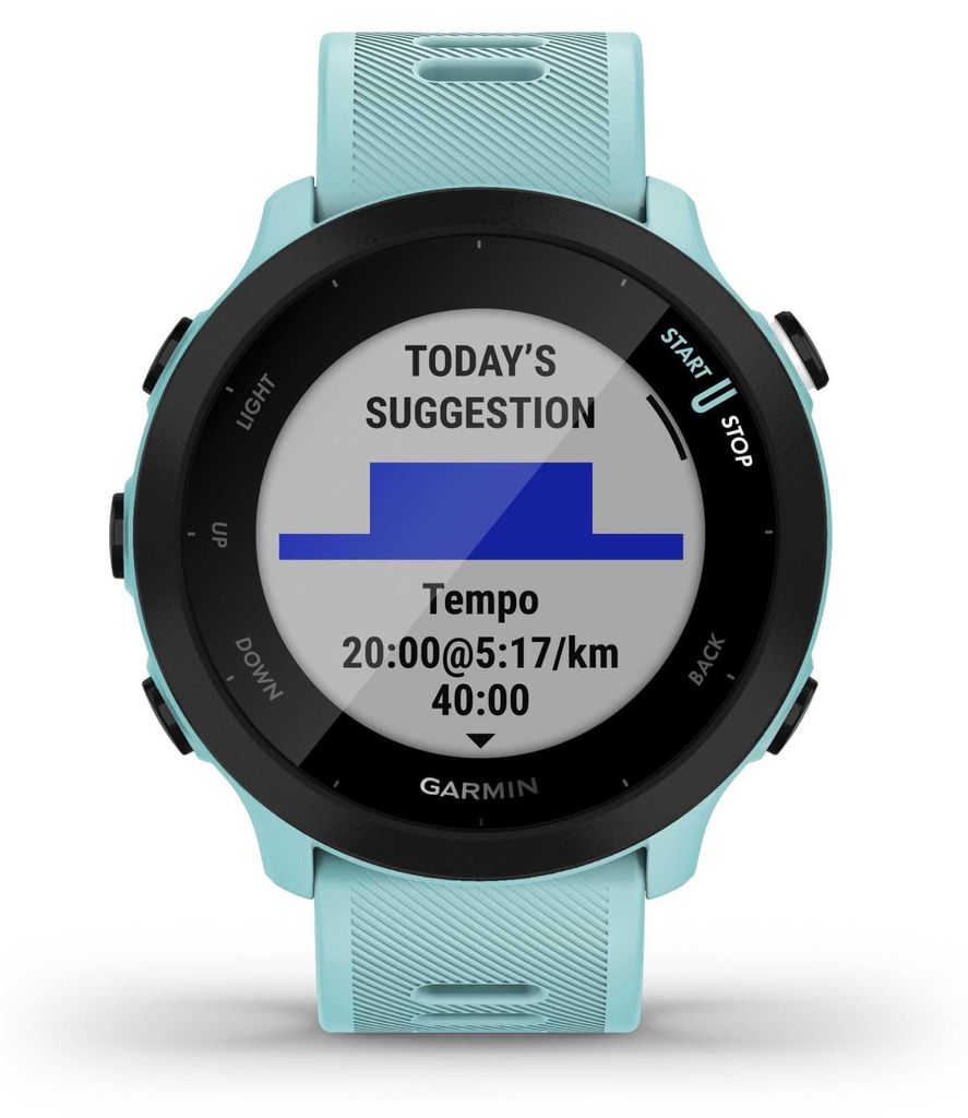 A close-up view of a Garmin Forerunner 55 smartwatch with a turquoise band, displaying a workout suggestion on its screen.