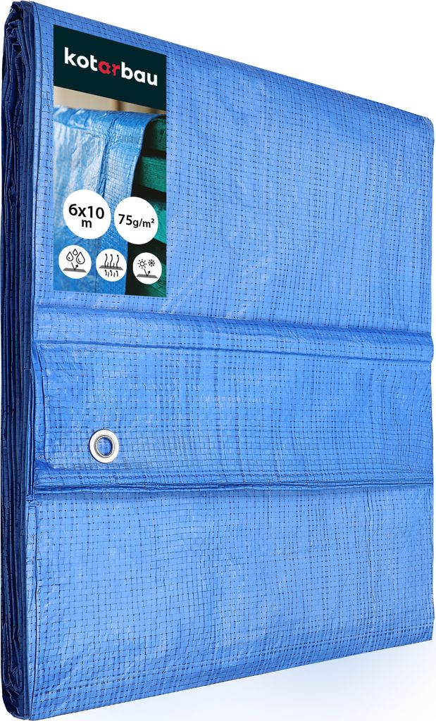 A folded blue tarp with a label showing product specifications.