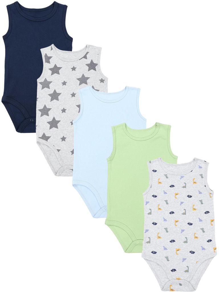 TupTam Baby Jungen Achselbody – Weicher Baby Body im 5er Pack aus Baumwolle, Body Baby Unifarben , Farbe: Grün_Dino_Blau_Sterne, Größe: 104