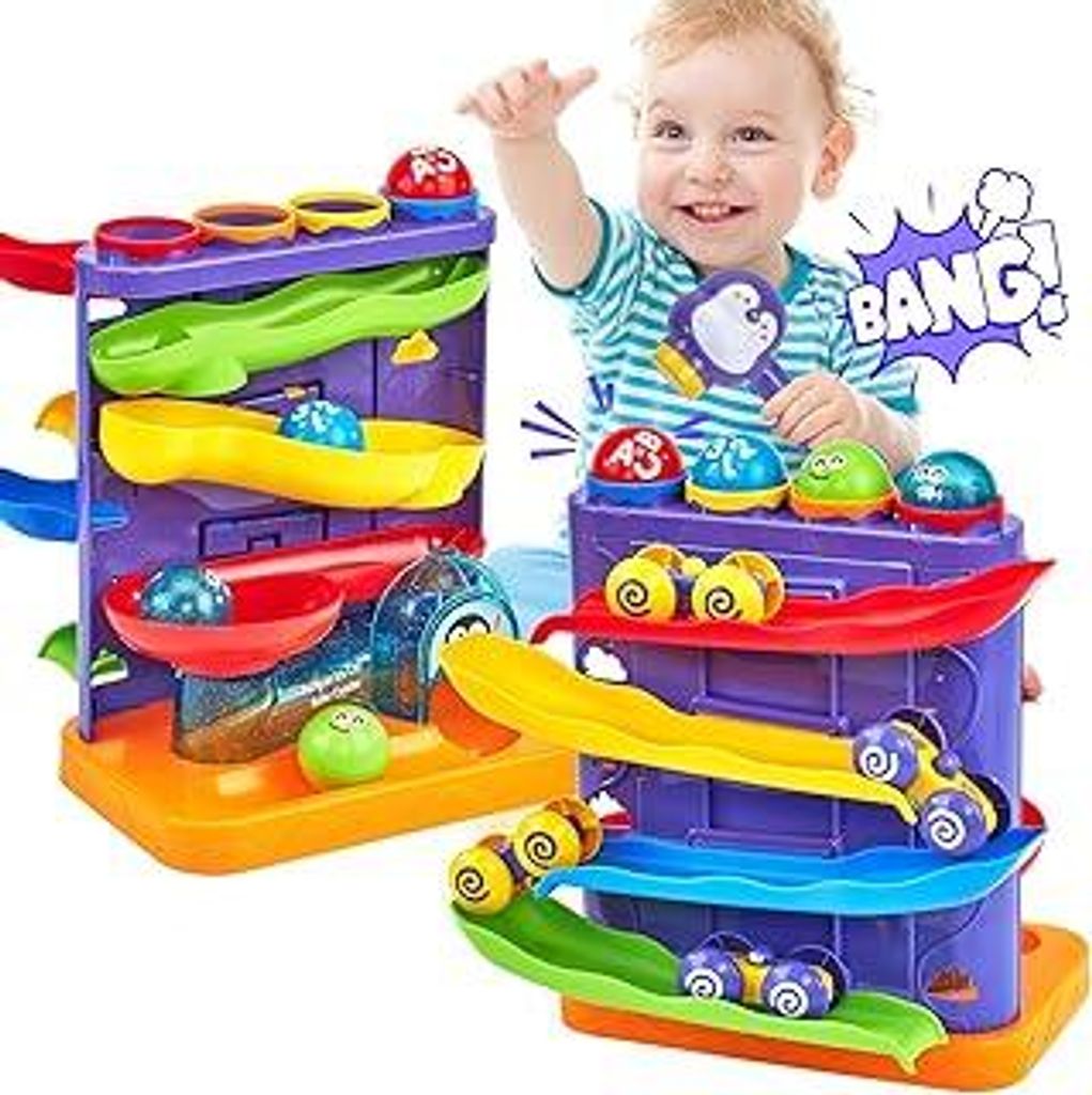 Spielzeug ab 1 Jahr Jungen - 2-in-1-Spielset mit Kugelbahn und Autorennbahn für Kleinkinder, Lernspielzeug für frühe Entwicklung und Montessori,...