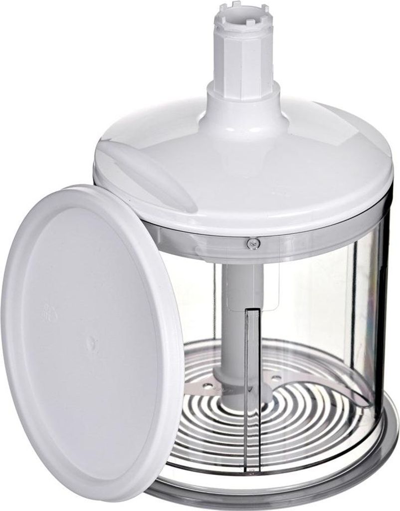 A white and clear plastic food chopper with a detached lid.