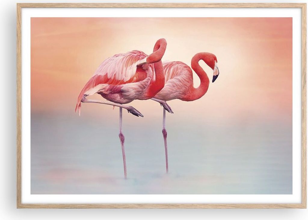 Gerahmtes Poster - Rahmen in heller Eiche - Flamingos Exotik Vögel - 100x70 cm - Wand Bild - Wanddeko - Wandbilder - Kunstposter - Wandposter - Bi...