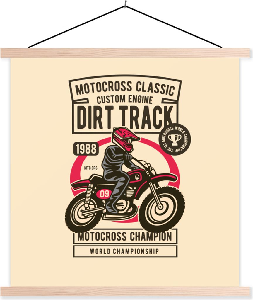 MuchoWow Textilposter Motocross - Zeichnung - Retro 60x60 cm mit holzfarbenen Rahmen - Wanddekoration