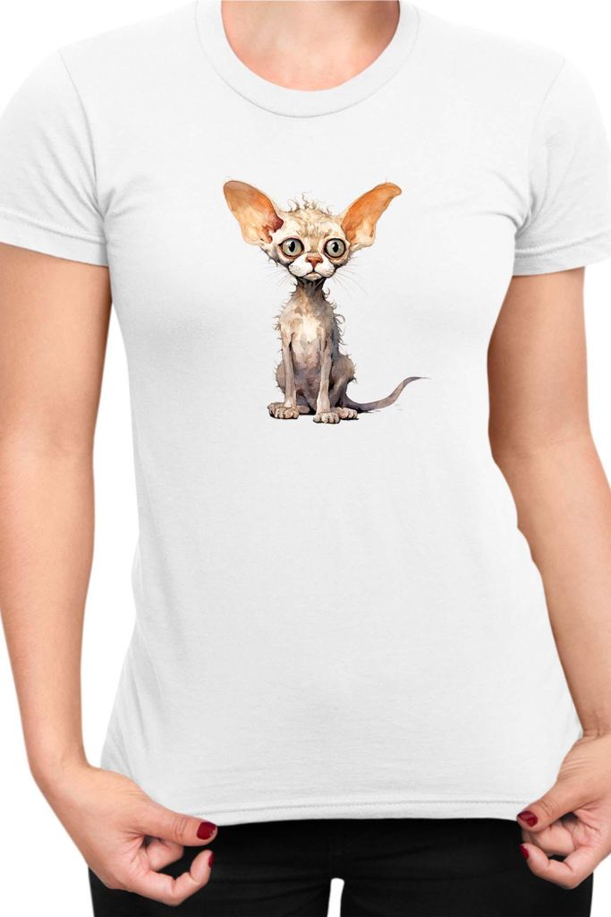 Damen T-Shirt Funny Cats Breeds Devon Rex Cat, Lady L / Weiß