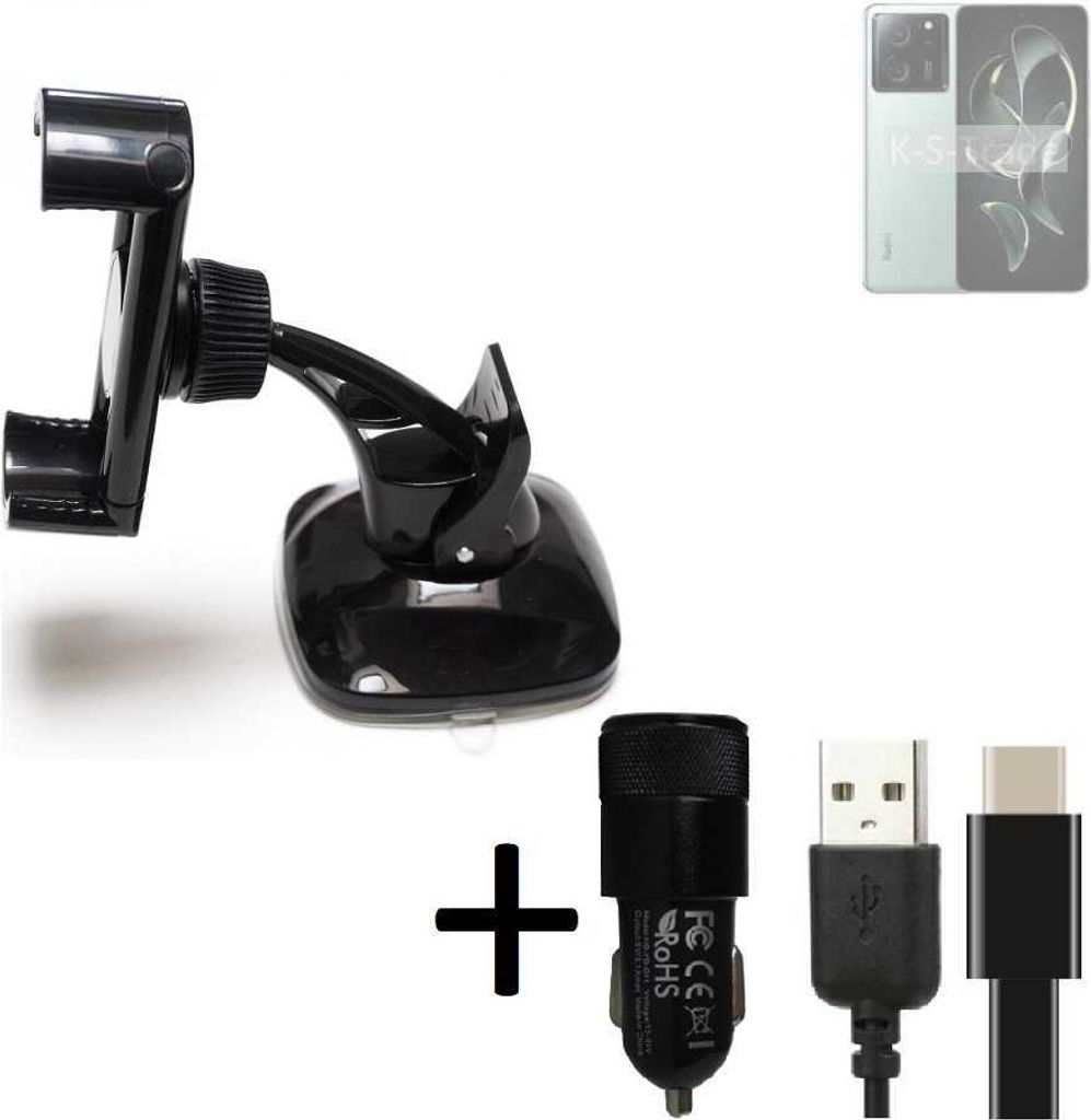 K-S-Trade Handy-Halterung kompatibel mit Xiaomi Redmi K60 Ultra Windschutzscheibe / Armaturenbrett + LADEGERÄT mit Mico USB Kabel Autohalterung
