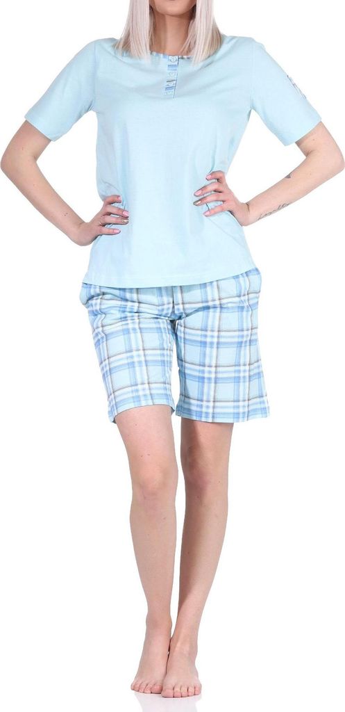 Edler Damen kurzarm Schlafanzug Shorty mit karierter Hose aus Jersey - auch in Übergrössen ; helltürkis , 36-38