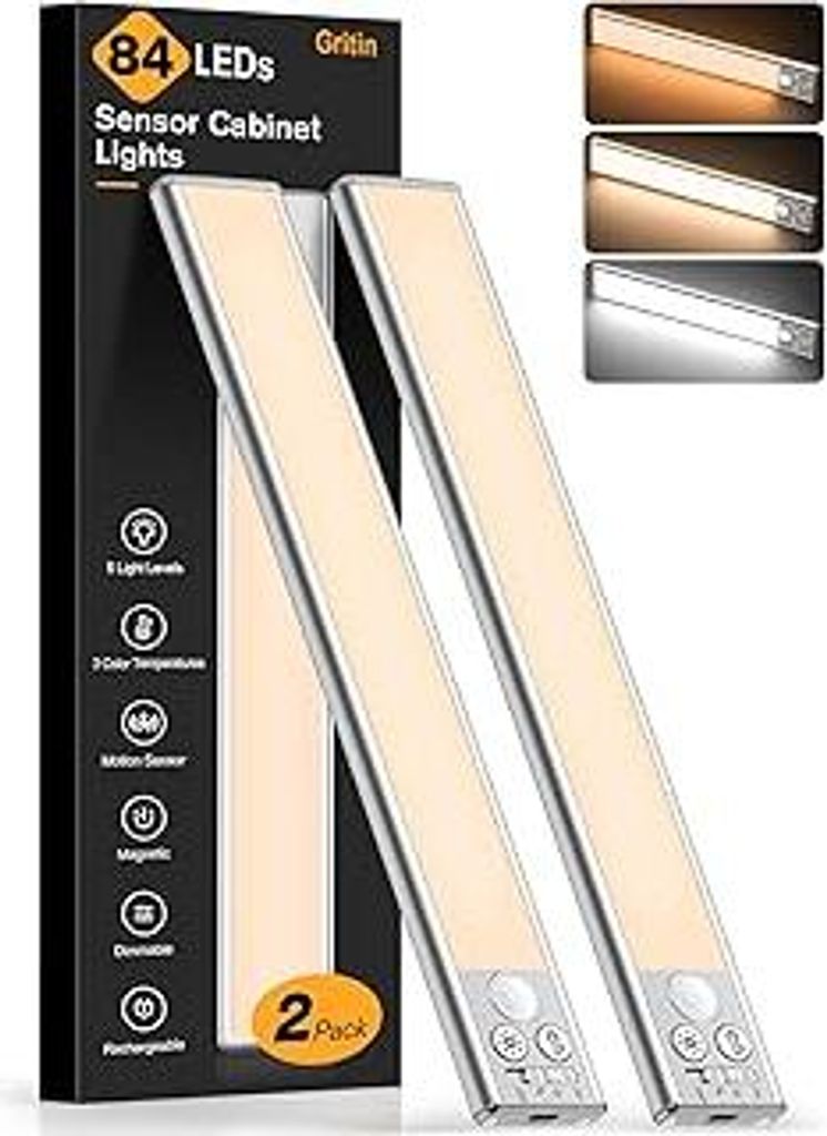 Gritin 26cm Schrankbeleuchtung Unterbauleuchte Küche LED Bewegungsmelder - 84LEDs Superhell Küche Licht 1800mAh Aufladbar,3 Farbe&5 Helligkeit,4 ...