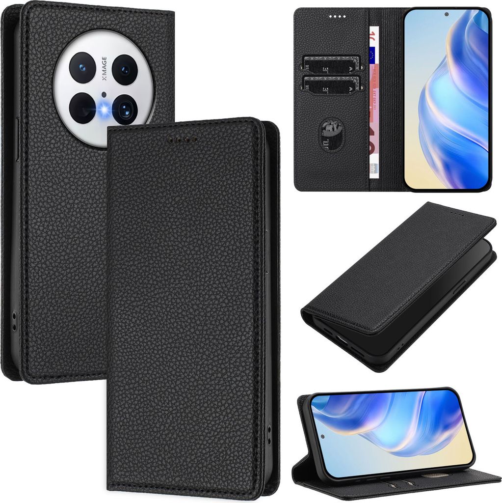 Litchi Leder Handyhülle für Huawei Mate 70 Wallet Kartenfächer Standfunktion Hülle Schwarz