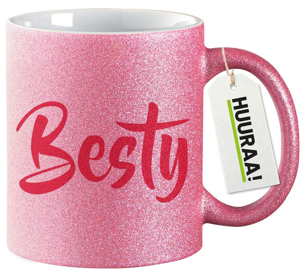 Huuraa Glitzertasse Besty Bestie 330ml Pink Keramik Kaffeebecher Geschenkidee