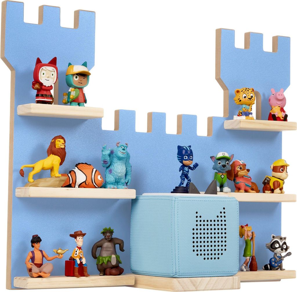 A blue wooden fortress-shaped wall shelf filled with various children's toys and figurines.