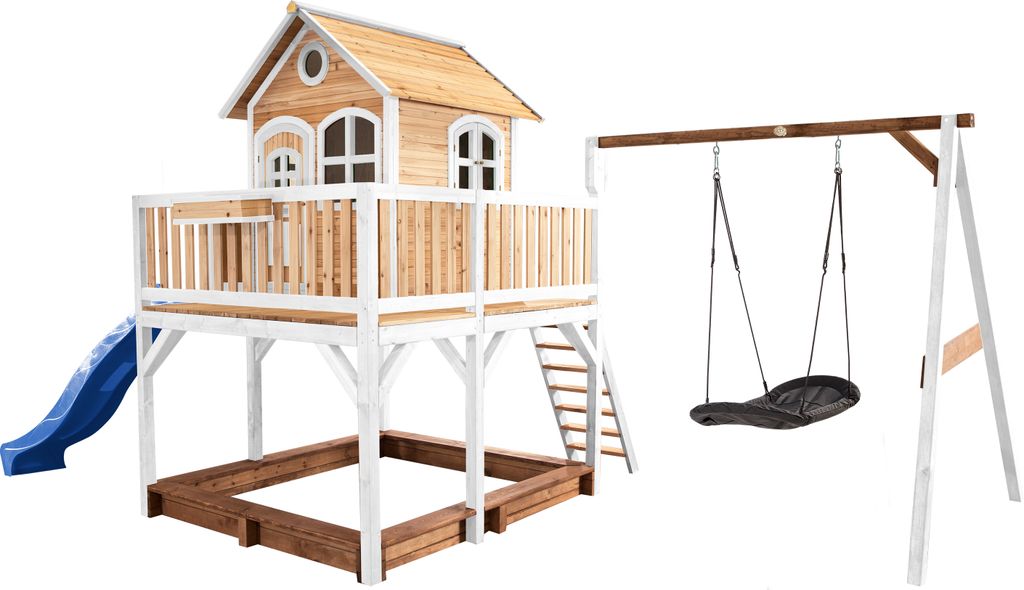 AXI Spielhaus Liam mit Sandkasten, Nestschaukel & blauer Rutsche | Stelzenhaus XXL in Braun & Weiß aus Holz für Kinder | Spielturm mit Wellenrut...