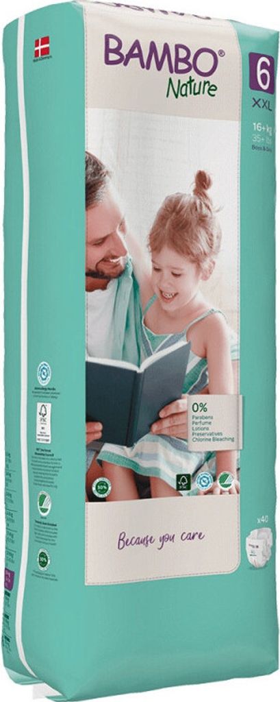 A package of Bambo Nature diapers featuring a father and child reading a book.