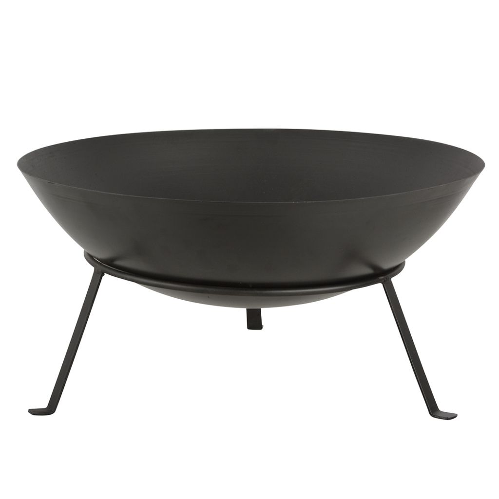 A black metal fire bowl on a stand, photographed against a white background.
