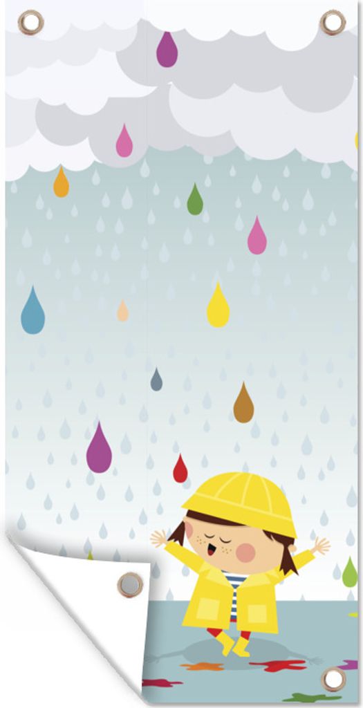 MuchoWow 80x160 cm Outdoor-Poster Gartendeko Sichtschutz Garten Poster für den Garten Illustration eines Kindes, umgeben von bunten Wassertropfen