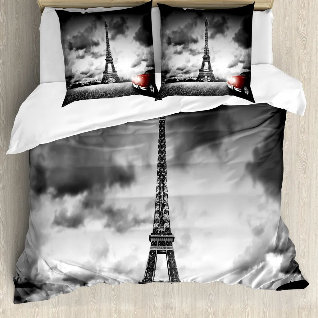 Loussiesd Set Copripiumino Parigi Con Torre Eiffel - 135x200 Cm + Federa, Strisce Nero/Grigio - 2