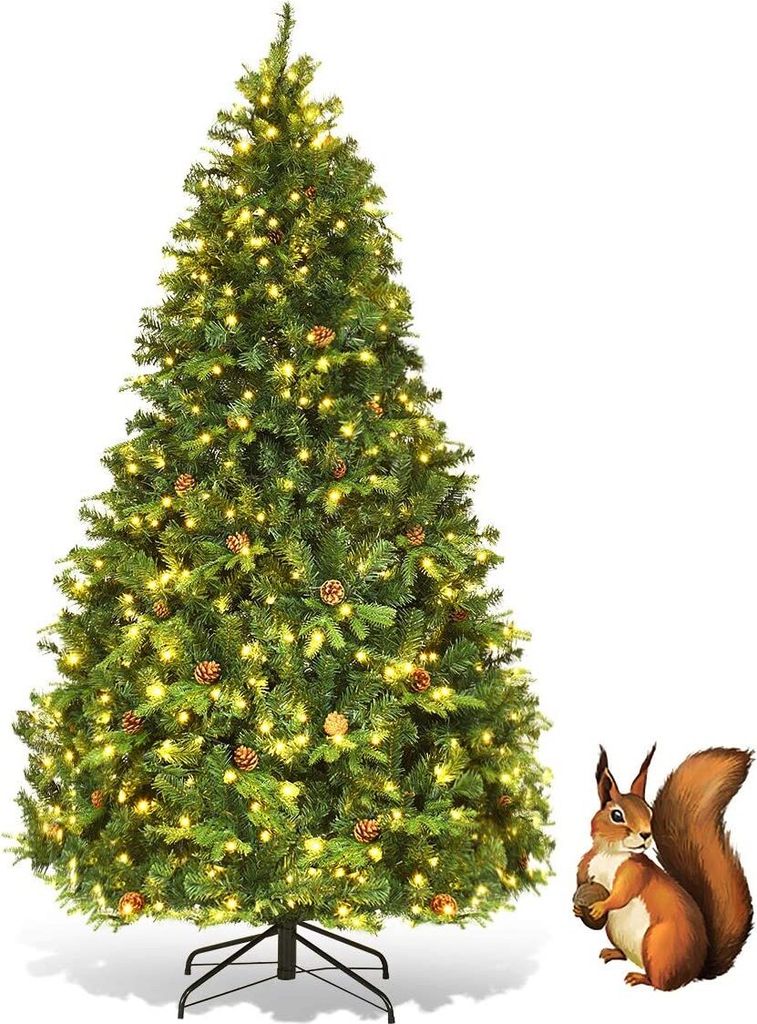 A decorated Christmas tree with lights and pinecones, and a squirrel holding a nut next to it.