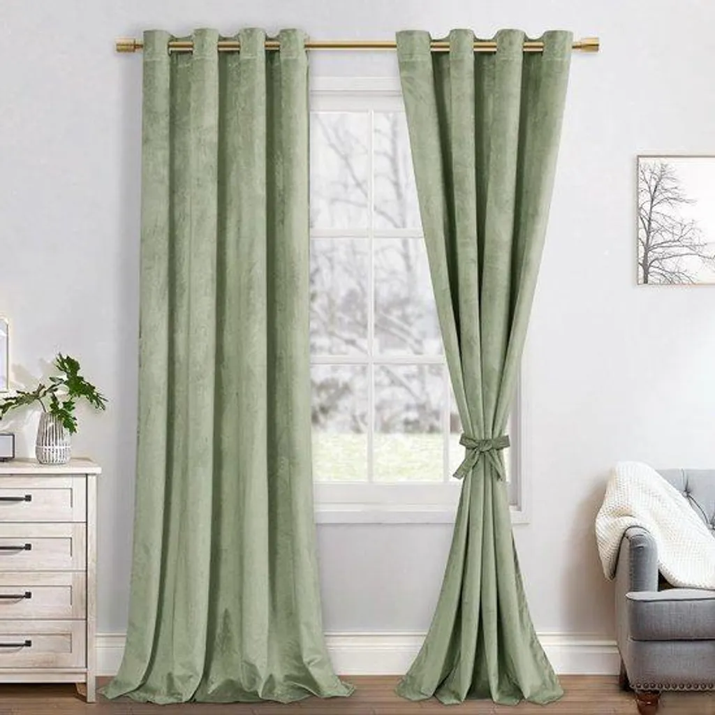 Rideau velours vert 140x280 cm, toucher soyeux et isolation occultante