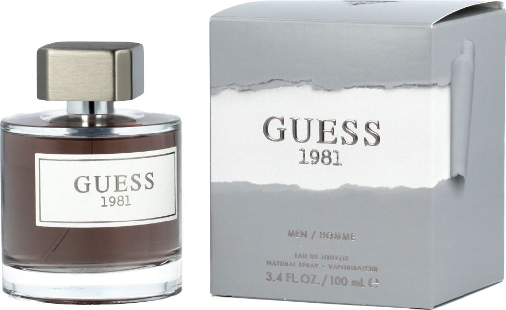 A bottle of Guess 1981 Eau de Toilette for men and its packaging are displayed side-by-side against a white background.