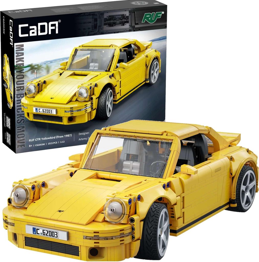A product box and a built model of a yellow sports car.
