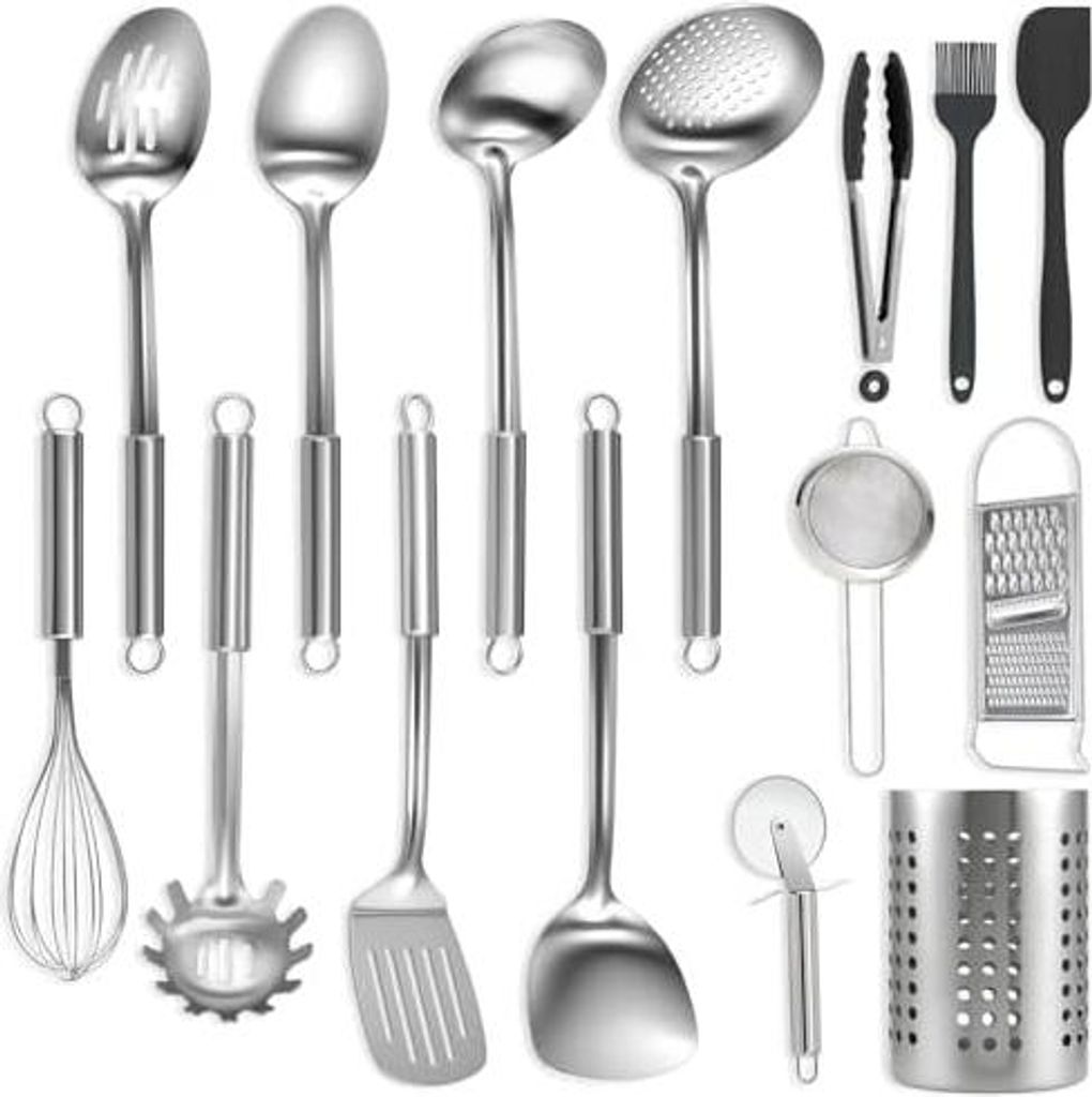 BEWOS 15-teiliges Küchenhelfer Set - Edelstahl Kochlöffel Set, Küchenutensilien mit Spateln und Aufbewahrungsbox, Ungiftig, Spülmaschinengeeign...