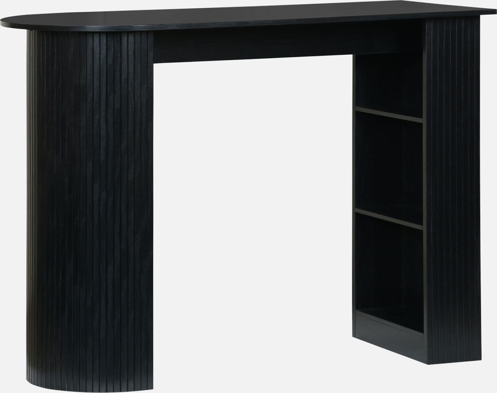 A black bar table with a curved front and shelves on one side, presented against a white background.