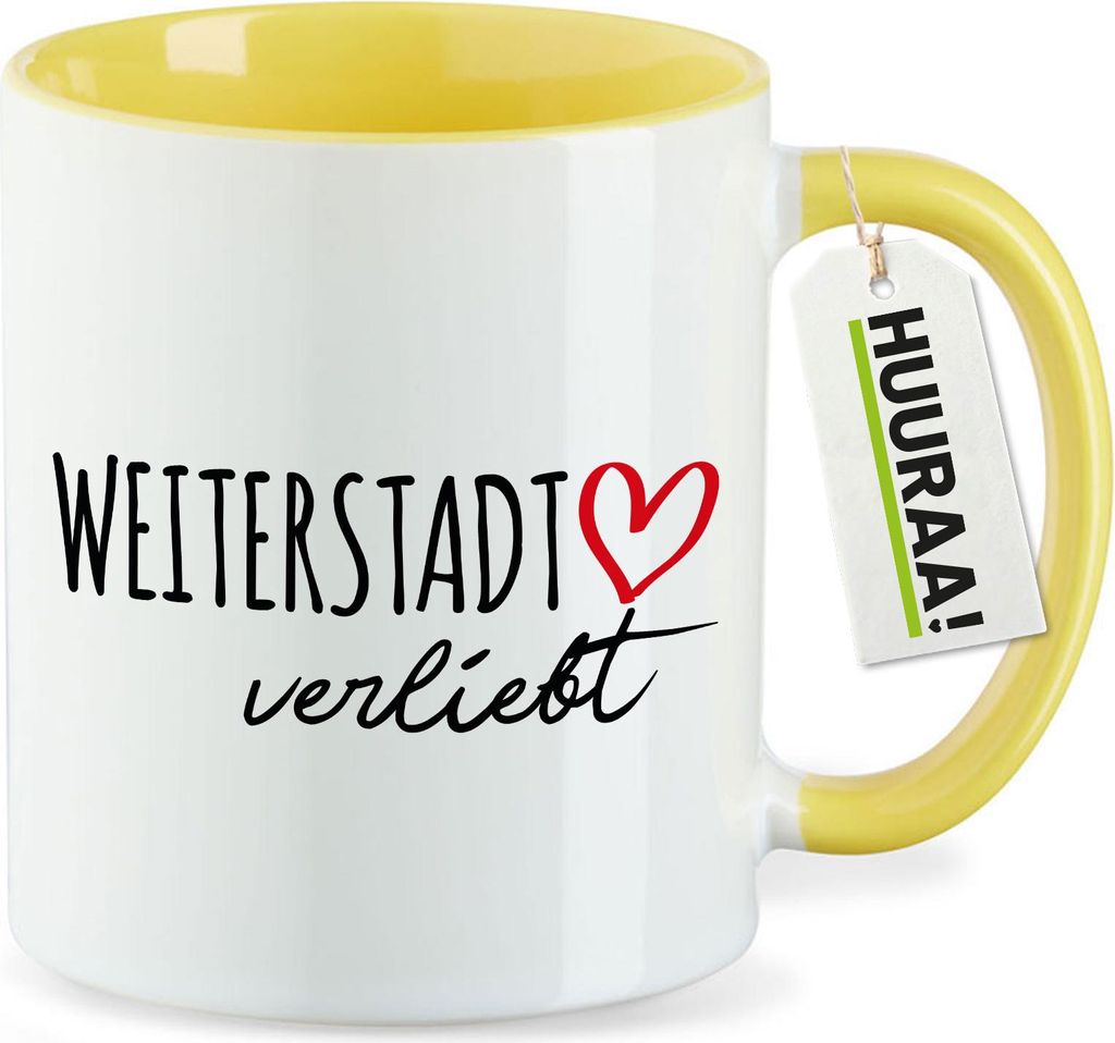 Huuraa Kaffeetasse Weiterstadt verliebt 330ml Gelb Keramik Kaffeebecher Geschenkidee