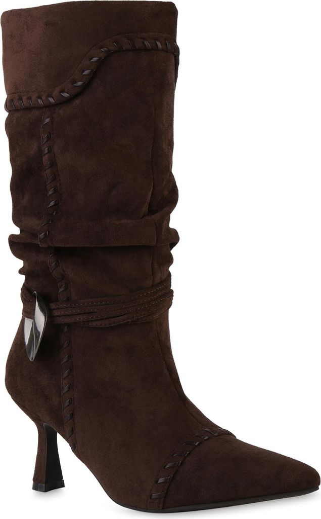 VAN HILL Damen Klassische Stiefel Spitze Zierperlen Stiletto Schuhe 841896, Farbe: Braun Velours, Größe: 37