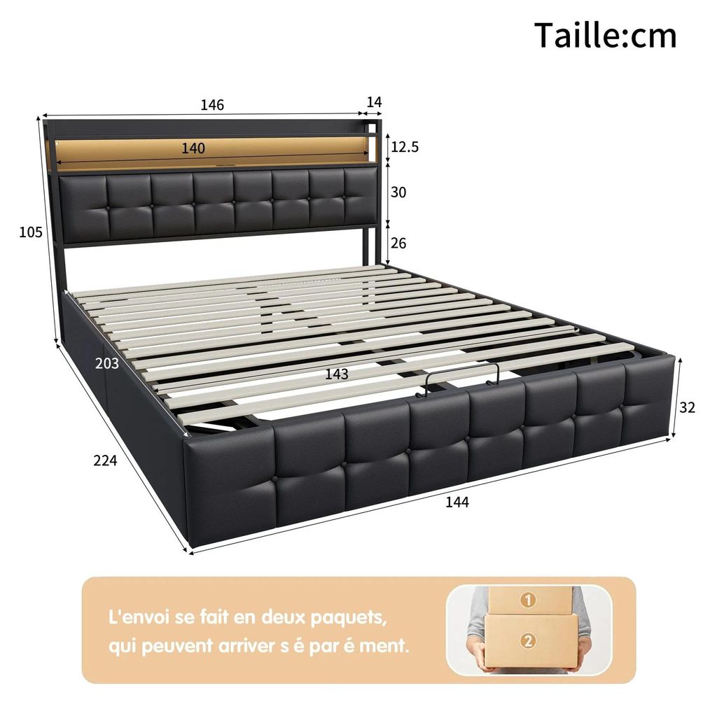 Polsterbett - Doppelbett 140x200 cm - PolyurethanKunstleder - Mit Stauraum - LED-Beleuchtung & USB - Kopfteil