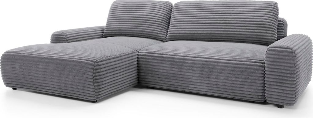 BETTSO Charmantes anthrazitfarbenes Ecksofa CORDINA mit Schlaffunktion und Bettzeugfach Links