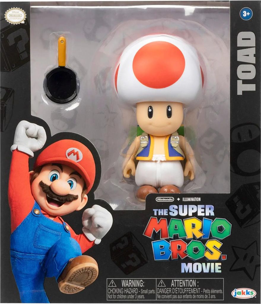 The image shows the packaging of a Super Mario Bros. Movie action figure of Toad, alongside a depiction of Mario.