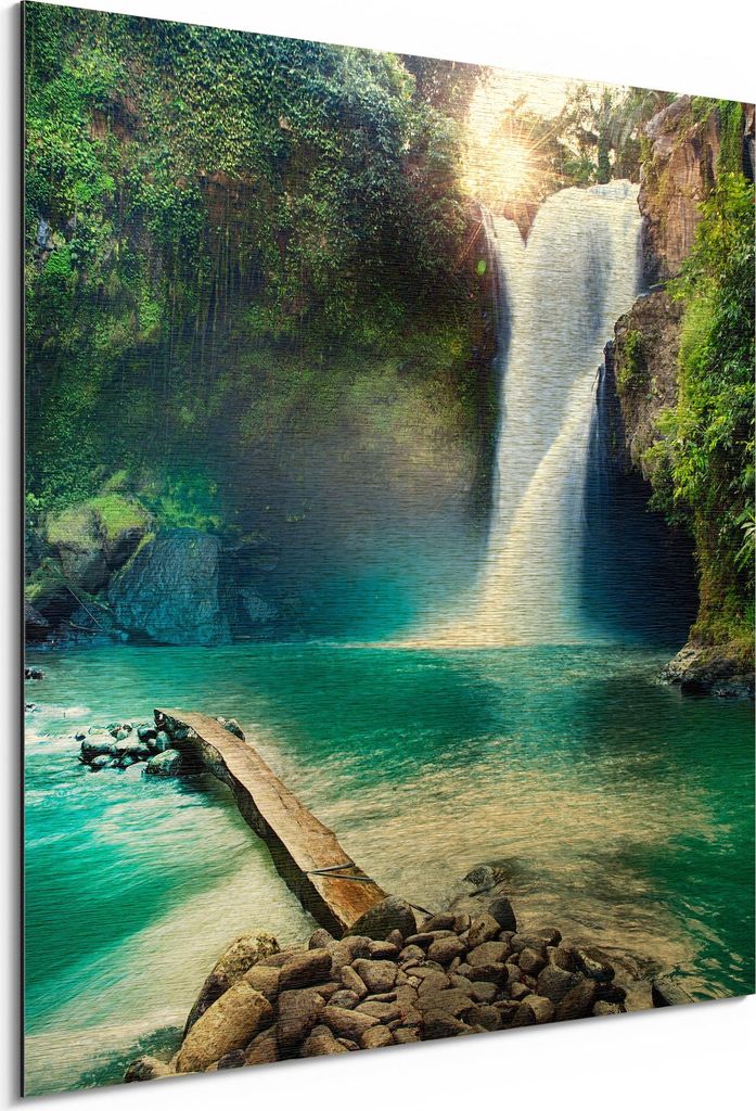 DEQORI Alu-Dibond Bild Gold 50x50 cm 'Tegenungan Wasserfall' Wandbild Metall dünn Design