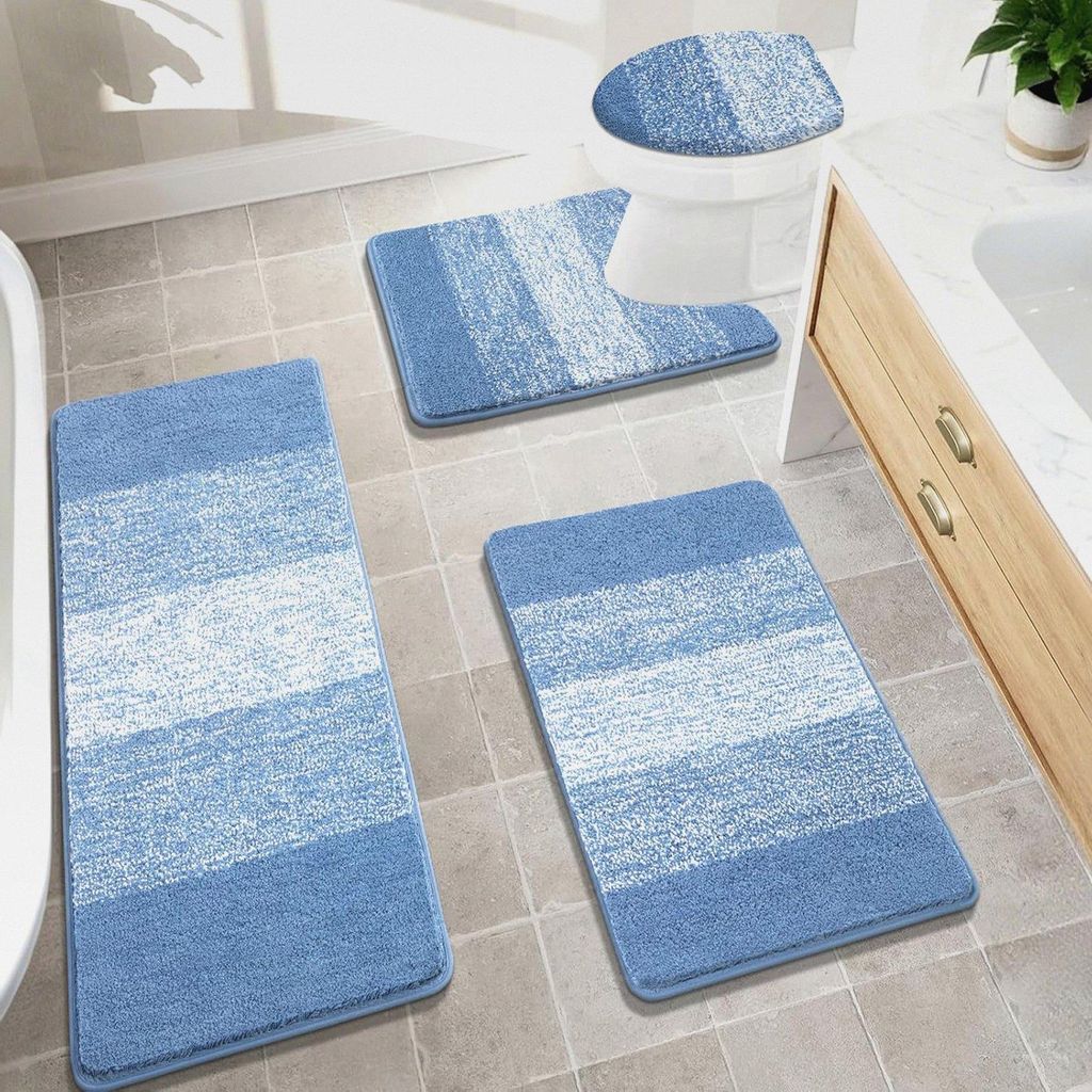 Badezimmerteppich-Set, 4-teilig, mit WC-Deckelbezug, rutschfeste Badteppiche für Badezimmer, Mikrofaser, zottelig, saugfähig, mit U-förmigem WC-...