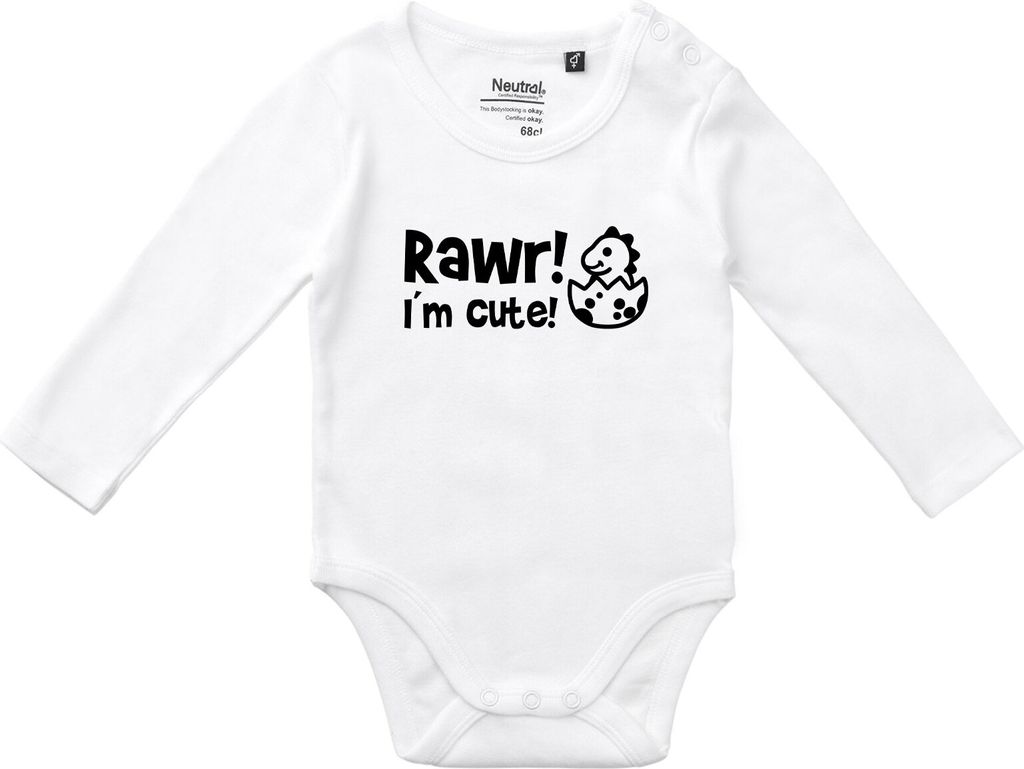 Huuraa Baby Body Baby Dino I`m cute 68 White Baumwolle Fairtrade Langarmbody Geschenkidee