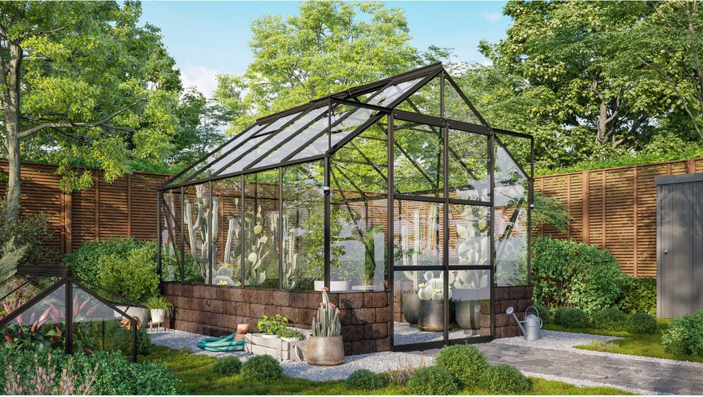 Vitavia Gewächshaus "Cassandra 8300" schwarz 8,3 m² mit Sockelmauer in herbstlaub, 3 mm ESG