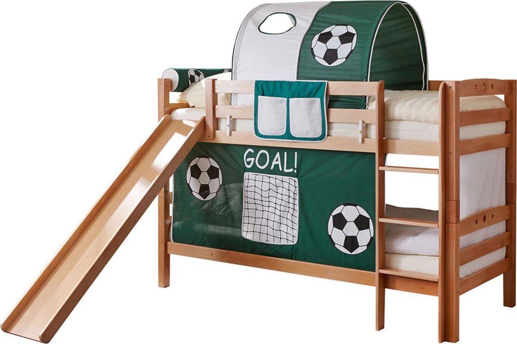 Etagenbett mit Rutsche Doppelbett Buche massiv Natur, Vorhangstoff:Goal