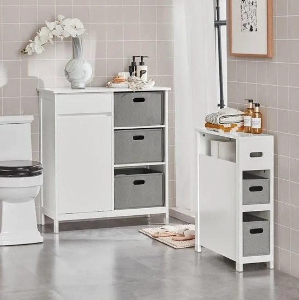 Mara Armoire de Salle de Bain avec Panier à Linge Basculant Gris et Blanc