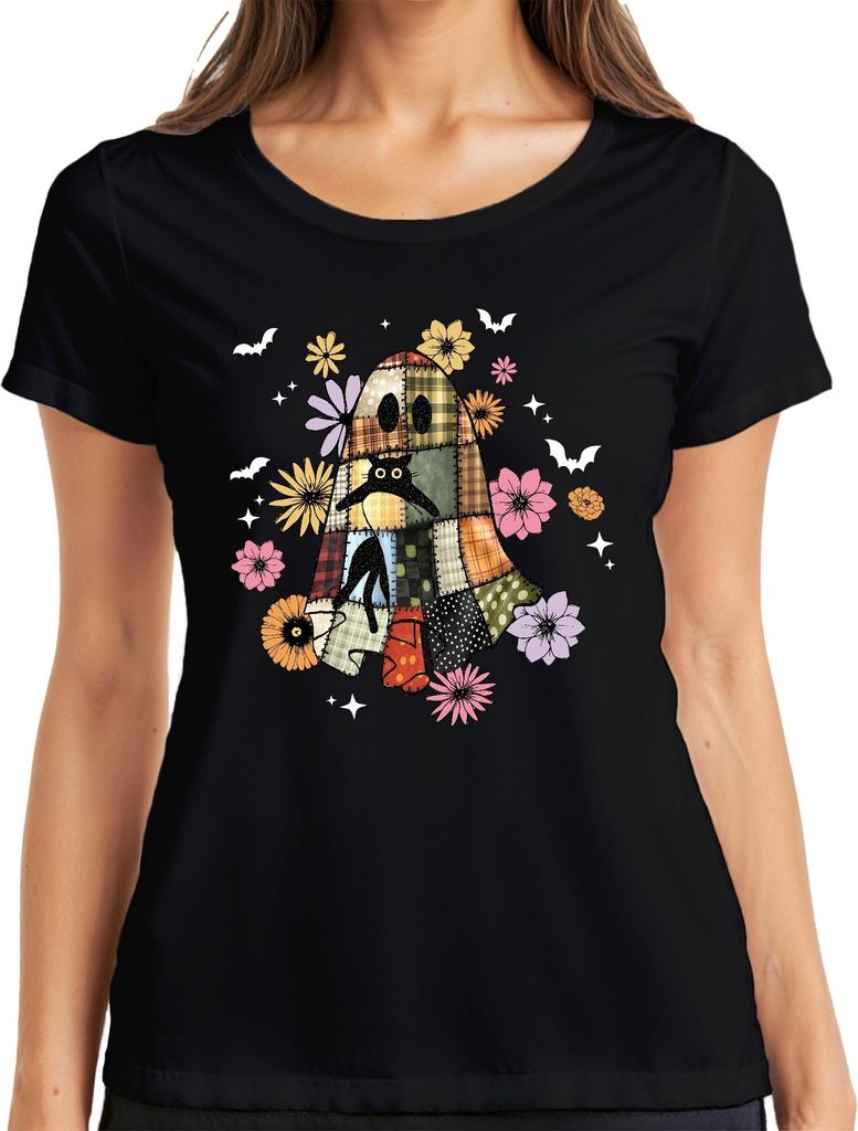 Halloween Geist Patchwork Katze Blumen Herbst Vintage Boho Sterne Damen T-Shirt, Schwarz, L