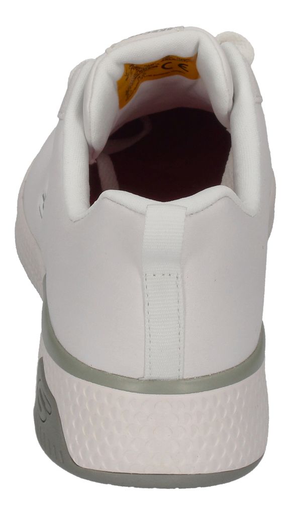 The back view of a white Skechers sneaker.