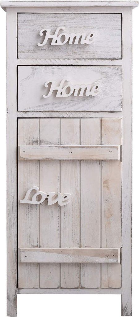 A tall, narrow white wooden cabinet with two drawers and a door, decorated with the words "Home" and "Love".