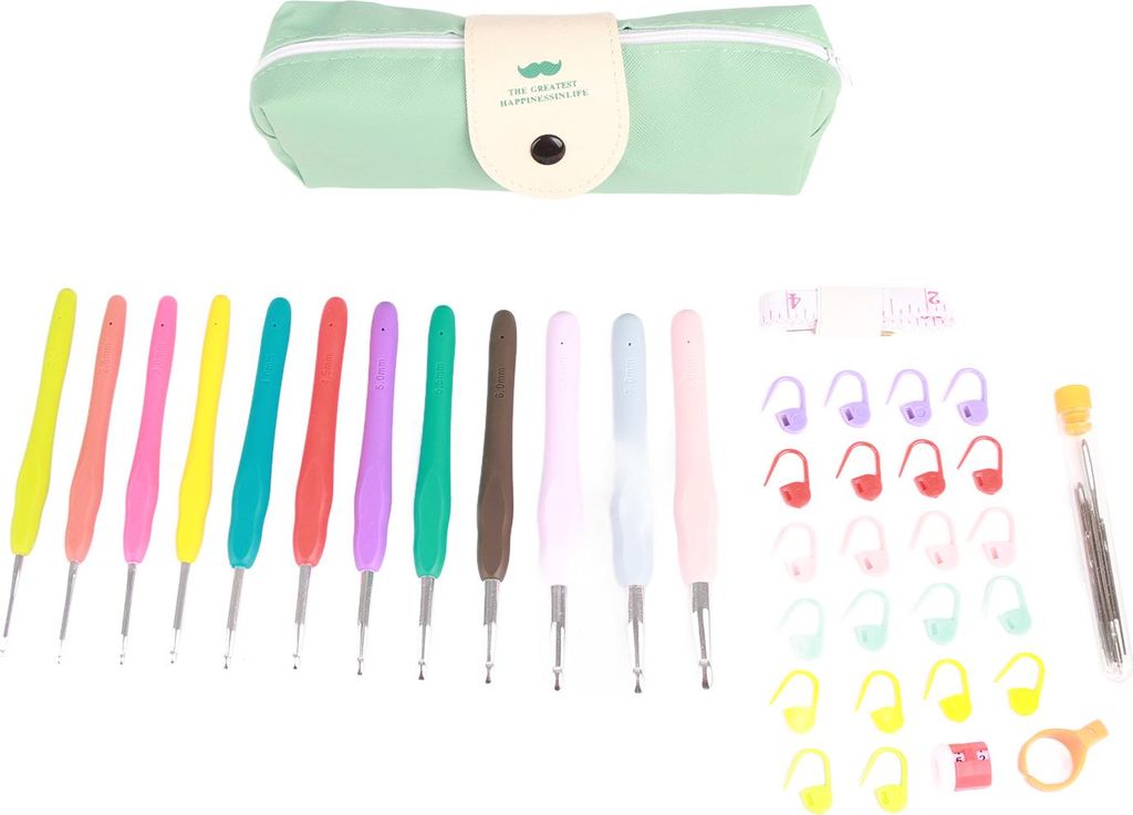 46-teiliges Häkelnadel-Set mit farbiger Arbeitstasche, leicht zu identifizieren, ergonomisches Nadelstricken für unterwegs