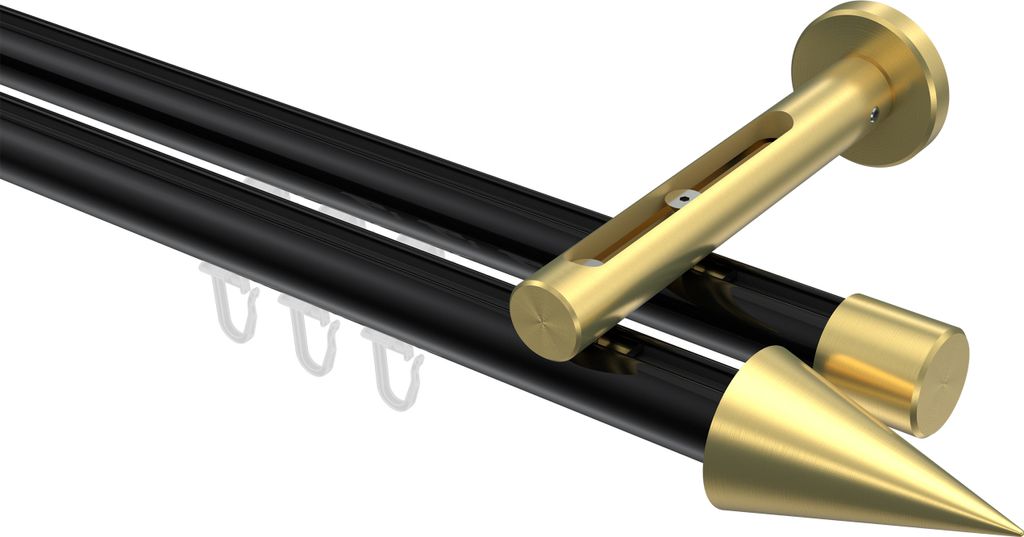 Interdeco Innenlaufstange / Gardinenstange mit Innenlauf Schwarz / Messing-Optik, Typ Siteno Savio (Kegel), 20 mm Ø 2-läufig, 180 cm