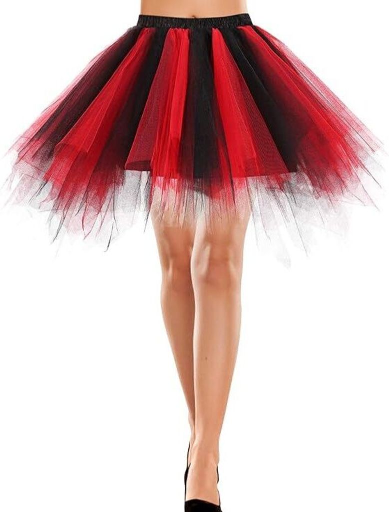 Retro Tutu Tüllrock Petticoat 50er Vintage Ballett Bausch Tanzkleid, Kurz Prom Kleid, Schwarz+Rot