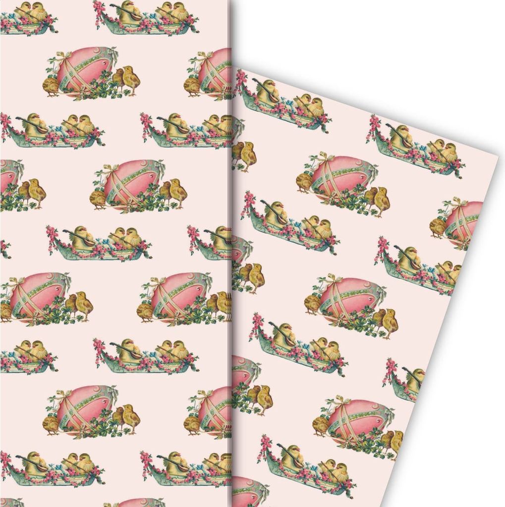Süßes Vintage Oster Geschenkpapier mit Retro Küken, rosa - G7252, 32 x 48cm