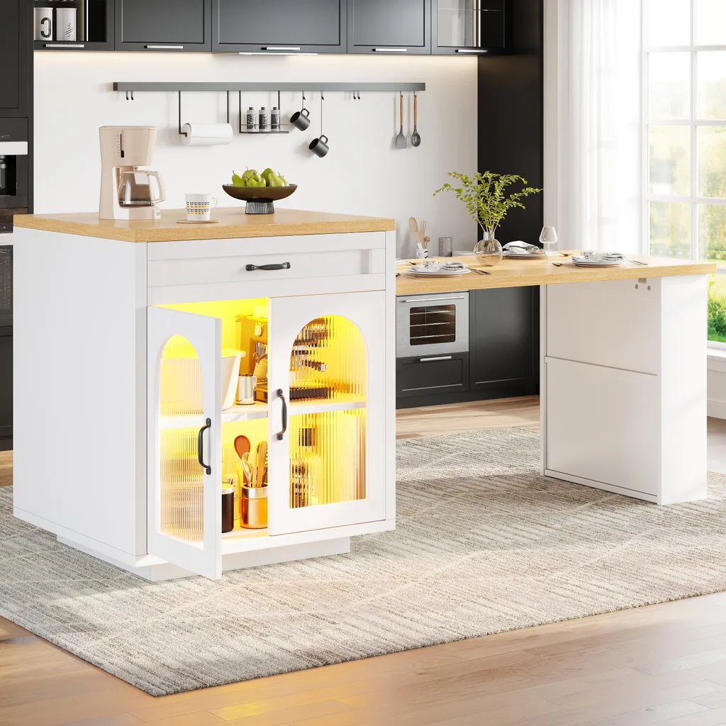 Îlot de cuisine avec éclairage LED et plan de travail extensible en MDF - 2