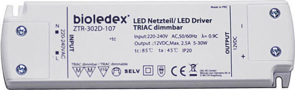 Bioledex 5-30W 12V DC LED Netzteil dimmbar TRIAC, 230VAC zu 12VDC Trafo