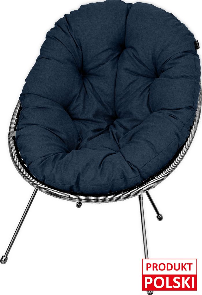 A dark blue cushion chair with silver legs on a white background.