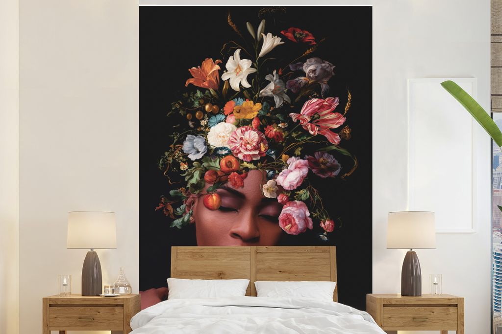 MuchoWow Fototapete für Wohnzimmer oder Schlafzimmer Wandtapete Vinyl Motivtapete Frau - Make-up - Blumenstrauß - 200x300 cm - Wanddekorationen