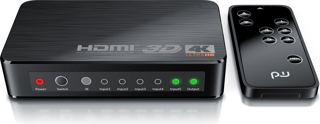 A black HDMI switch and its remote control are displayed on a white background.