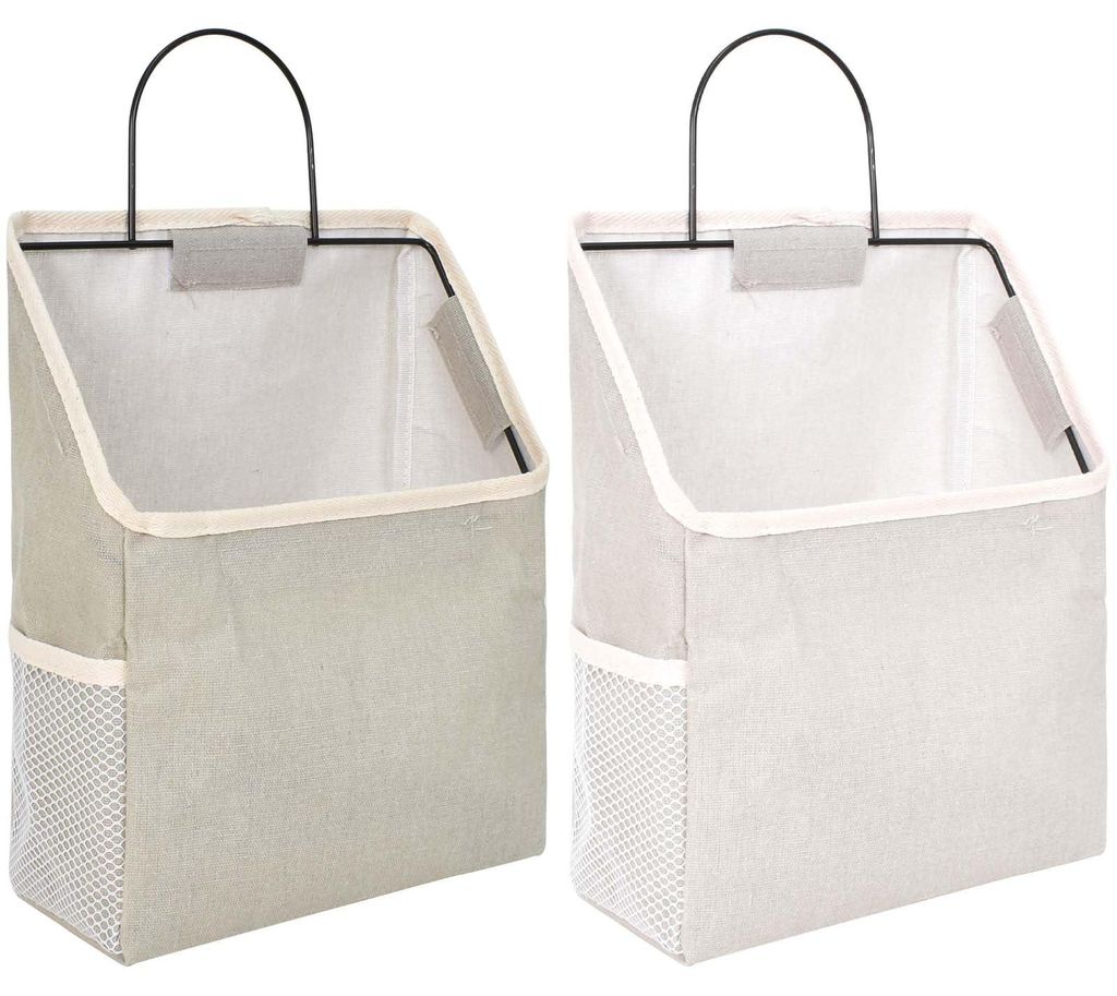 2-teiliger Hängekorb, Wandkorb aus Stoff mit Metallrahmen, grau und weiß, Leinen-Hängekorb mit Haken für Flur, Kleiderschrank, begehbaren Kleid...
